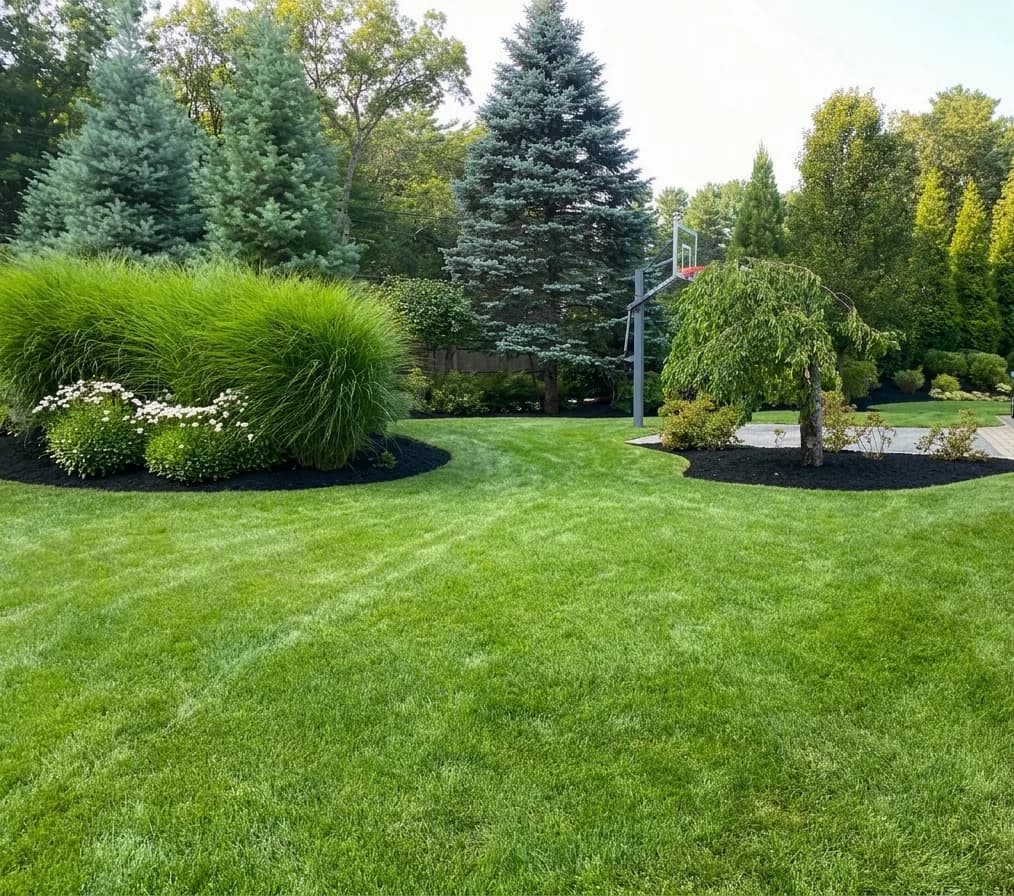 Freshly mowed, healthy lawn with manicured mulch beds and evergreens